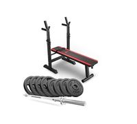 Hop-Sport Banc de Musculation Pliable Plat HS-1080 et Ensemble d’haltères, Disques de Poids en Fonte de 39 kg, Avec Support Barre Longue Réglable, Charge Max. 270 kg Noir / Rouge