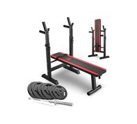 Hop-Sport Banc de Musculation Pliable Plat HS-1080 et Ensemble d’haltères, Disques de Poids en Fonte de 69 kg, Avec Support Barre Longue Réglable, Charge Max. 270 kg G