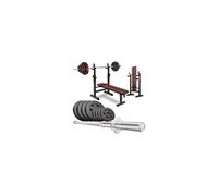 HOP-Sport® Banc de Musculation Pliable Plat, Support Barre Longue HS-1080 et Ensemble d’haltères: Disques de Poids en Plastique de 39 kg pour Entraînement Complet à Domicile Charge Max. 270 kg, Noir
