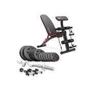 Hop-Sport Banc de Musculation Réglable avec Set d’Haltères 36 kg, Ensemble de Disques de Poids en Plastique avec Barres d’Haltères Super Curl SZ 120 cm et Courtes 45 cm, Pupitre à biceps et Expanders