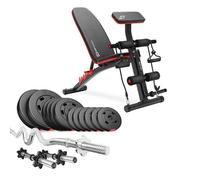 Hop-Sport Banc de Musculation Réglable avec Set d’Haltères 36 kg, Ensemble de Disques de Poids en Plastique avec Barres d’Haltères Super Curl SZ 120 cm et Courtes 45 cm, Pupitre à biceps et Expanders