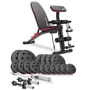 Hop-Sport Banc de Musculation Réglable HS-1035 avec Set d’Haltères 66 kg, Ensemble de Disques de Poids en Plastique avec Barres d’Haltères Curl SZ 120 cm, Courtes 45 cm et Expanders Noir / Rouge G