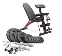 Hop-Sport Banc de Musculation Réglable HS-1035 avec Set d’Haltères 66 kg, Ensemble de Disques de Poids en Plastique avec Barres d’Haltères Super Curl SZ 120 cm, Longue 167 cm, Courtes 45 cm et Expande