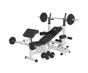 Banc de musculation universel avec support pour haltères et set d´haltéres en caoutchouc de 105,5kg