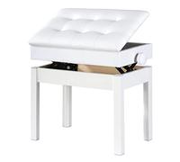 Banc de piano réglable avec pieds en bois massif, tabouret de piano réglable avec rangement et coussin en cuir synthétique (blanc)
