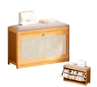 Banc de rangement à chaussures en bambou avec tiroirs rabattables, coussin de siège et design respirant - Meuble à chaussures étroit autonome pour couloir, chambre à coucher ou salon