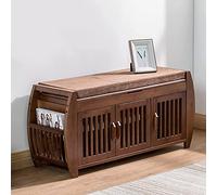 Banc de rangement à chaussures en bois massif avec porte-revues, étagère à chaussures rustique pour entrée, coussin rembourré en lin
