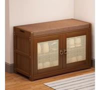 Banc de rangement à chaussures en rotin avec coussin, étagère à chaussures à 2 portes et organisateur de couloir, solution de rangement élégante pour salon, chambre à coucher et vestiaire (70 cm)
