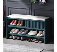Banc de rangement à chaussures moderne avec coussin en cuir, nizer d'entrée en bois, meuble à chaussures rembourré pour couloir, meuble élégant bleu-blanc, 78,7 x 30,5 x 45,7 cm