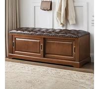 Banc de rangement à chaussures rétro en bois massif avec siège rembourré et porte coulissante pour entrée, couloir, salon - Armoire de rangement cachée
