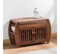 Banc de rangement à chaussures rustique avec porte-revues - Étagère à chaussures en bois massif - Banc à chaussures d'entrée - Revêtement en lin, couleur marron