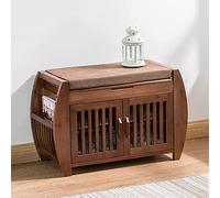 Banc de rangement à chaussures rustique en bois massif avec porte-revues, armoire à chaussures, banc nizer avec siège rembourré en lin, marron, 72 x 46,5 x 32 cm