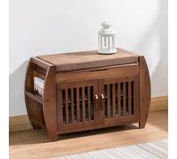 Banc de rangement à chaussures rustique en bois massif avec siège rembourré en lin et porte-revues 100 cm pour entrée, couloir, vestibule