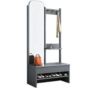 Banc de Rangement Chaussure avec Miroir Et Porte-Manteau Etagere Chaussure Cadre en Bois Massif Tiroir de Rangement Banc Chaussures Entrée pour Salon, Entrée, Chambre(Gray)