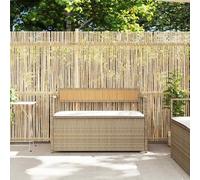Banc de rangement de jardin avec coussin beige en polyrotin | Compartiment sous siège imperméable, ressort à gaz sûr, revêtement lavable, capacité 110 kg