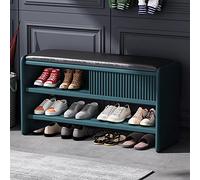 Banc de rangement élégant et moderne en bois avec coussin en cuir, meubles d'entrée et de couloir, tapissé, bleu et noir, 120 x 30 x 45 cm, pour décoration d'intérieur