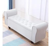 Banc de rangement en bois massif avec accoudoirs, siège rembourré ottomane pour chambre à coucher, salon, entrée, banc à chaussures multifonctionnel, antidérapant, 110 cm, repose-pieds blanc