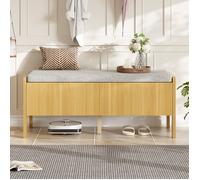 Banc de rangement en rotin - Dimensions 113x45 5x40 cm - Naturel et Gris - Bambou et MDF - Côtés en rotin - 2 tiroirs