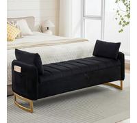 Banc de rangement en velours avec accoudoirs, pour très grand lit, pieds dorés, 2 oreillers et poches, pour salon, fenêtre, entrée, noir (167,6 cm)
