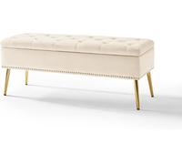 Banc de rangement HULALA HOME, Coffre de rangement avec clous en tête, Banc en velours pour chevet, Banc avec pieds en métal doré pour hall d'entrée, entrée, salon, chambre, marron (beige)