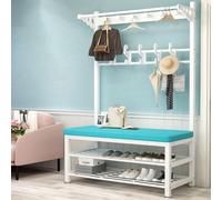 Banc de rangement industriel pour chaussures avec étagère, entrée nizer pour petits espaces, grand porte-chapeaux et porte-manteau dans un design tubulaire élégant et fonctionnel