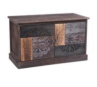 Banc de rangement MARA meuble à chaussures coffre avec 2 portes, en bois de paulownia brun gris style vintage ethnique bohême