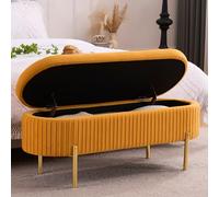 Banc de rangement moderne en velours pour chambre à coucher et salon, ottomane capitonnée jaune moutarde avec pieds dorés, design ovale 115,6 cm de large