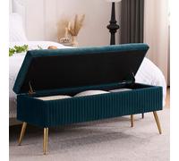 Banc de rangement moderne en velours pour chambre à coucher et salon, ottomane touffetée avec pieds dorés, élégant siège d'entrée/de fenêtre, bleu sarcelle/bleu-vert, 115,6 cm, rectangulaire