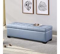 Banc de rangement moderne rectangulaire en similicuir rembourré pour salon, chambre à coucher, entrée - Jaune doré et bleu clair (100 x 45 x 40 cm)