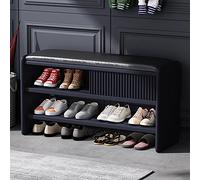 Banc de rangement moderne tapissé, bleu foncé et noir, avec coussin en cuir, 99,1 x 30,5 x 45,7 cm, meuble de couloir élégant pour décoration d'intérieur fonctionnelle