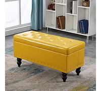 Banc de rangement moderne touffeté à boutons - Table basse rectangulaire en similicuir rembourré - Repose-pieds pour salon - Noir et jaune - 88,9 x 43,2 x 45,7 cm