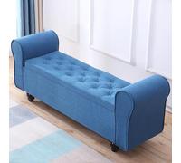 Banc de rangement multifonction en bois massif avec accoudoirs et siège rembourré, repose-pieds antidérapant pour salon, chambre à coucher, couloir et entrée (140 cm, bleu)