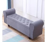 Banc de rangement multifonction en bois massif avec accoudoirs - Siège rembourré pour chaussures - Ottomane de rangement antidérapant pour chambre à coucher, salon, entrée - Gris (130 cm de large)