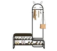 Banc de rangement pour chaussures 4 en 1 avec 6 crochets, porte-manteau élégant et coussin de siège rembourré, banc latéral compact pour vestiaire, entrée, chambre à coucher (noir, 80 cm)