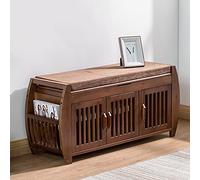 Banc de Rangement pour Chaussures en Bois Massif avec Porte-revues, étagère à Chaussures Rustique, Meuble à Chaussures, Banc à Chaussures d'entrée avec revêtement en Lin, Marron 102 x 46,5 x 32 cm (