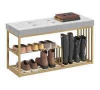 Banc de rangement pour chaussures moderne HOMCOM avec coussin d'assise en velours, banc de rangement pour chaussures rembourré et capitonné avec étagères de rangement et structure en acier doré pour