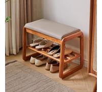 Banc de rangement pour chaussures, pouf d'entrée avec coussin en cuir, design en bois massif à 2 niveaux, étagère à chaussures moderne du milieu du siècle pour salon et couloir