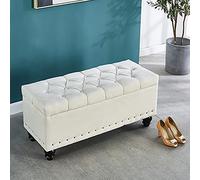 Banc de rangement rectangulaire rembourré en lin avec assise de chevet, pouf moderne pour salon et entrée - Solution de mobilier élégante et fonctionnelle.