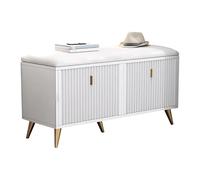 Banc de rangement rembourré avec 2 seaux basculants, siège rembourré glamour et pieds en métal, banc à chaussures d'entrée blanc et doré pour couloir, 90,2 x 24,1 x 49,5 cm (L x l x H)