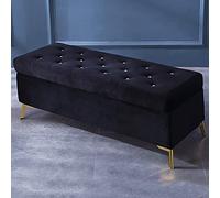 Banc de rangement rembourré en velours luxueux avec boutons en cristal, repose-pieds moderne et accent en fourrure pour l'entrée - Noir 99,1 x 43,2 x 45,7 cm