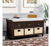 Banc de rangement rustique en bois d'acacia avec 3 tiroirs et paniers en rotin - Banc à chaussures d'entrée, meuble de salon, 106,9 x 39,1 x 47,5 cm (L x l x H), finition expresso
