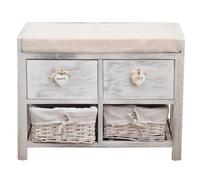 Rebecca Mobili Banc de Rangement en Bois, Siège Rembourée 2 Tiroirs et 2 Tiroirs en Osier, Blanc, Vintage Style, Decor pour Chambre Salle de Bain - Dimensions: 46 x 60 x 30 cm (HxLxL) - Art. RE4553
