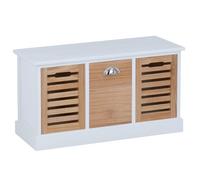 IDIMEX Banc de Rangement TRIENT Meuble Bas Coffre avec 3 caisses de Rangement, en MDF et Bois de Paulownia Finition Blanc et Bois Naturel, Style Vintage Maison de Campagne