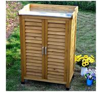 Banc de rempotage extérieur en bois avec dessus galvanisé, double portes et armoire de rangement. Table de travail de jardin idéale pour balcon, arrière-cour et projets horticoles