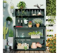 Banc de rempotage rustique en bois de 165,1 cm - Station de travail de jardin avec 4 étagères de rangement et crochets, style rustique vert foncé pour patio, terrasse et porche