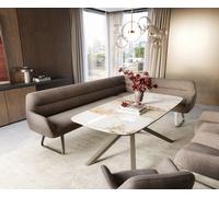 Banc-de-salle-à-manger Taya-Flex 285x190 cm tissu structuré doux taupe châssis à patins plat titane ressort ensaché à droite
