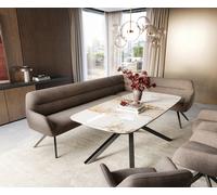 Banc-de-salle-à-manger Taya-Flex 285x190 cm tissu structuré doux taupe pied croisé angulaire grafiete ressort ensaché à droite