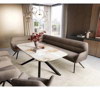 Banc-de-salle-à-manger Taya-Flex 285x190 cm tissu structuré doux taupe pied croisé angulaire noir ressort ensaché liens