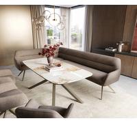 Banc-de-salle-à-manger Taya-Flex 285x190 cm tissu structuré doux taupe pied croisé angulaire titane ressort ensaché liens