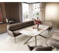 Banc-de-salle-à-manger Taya-Flex 285x190 cm tissu structuré doux taupe pied croisé angulaire titane ressort ensaché à droite